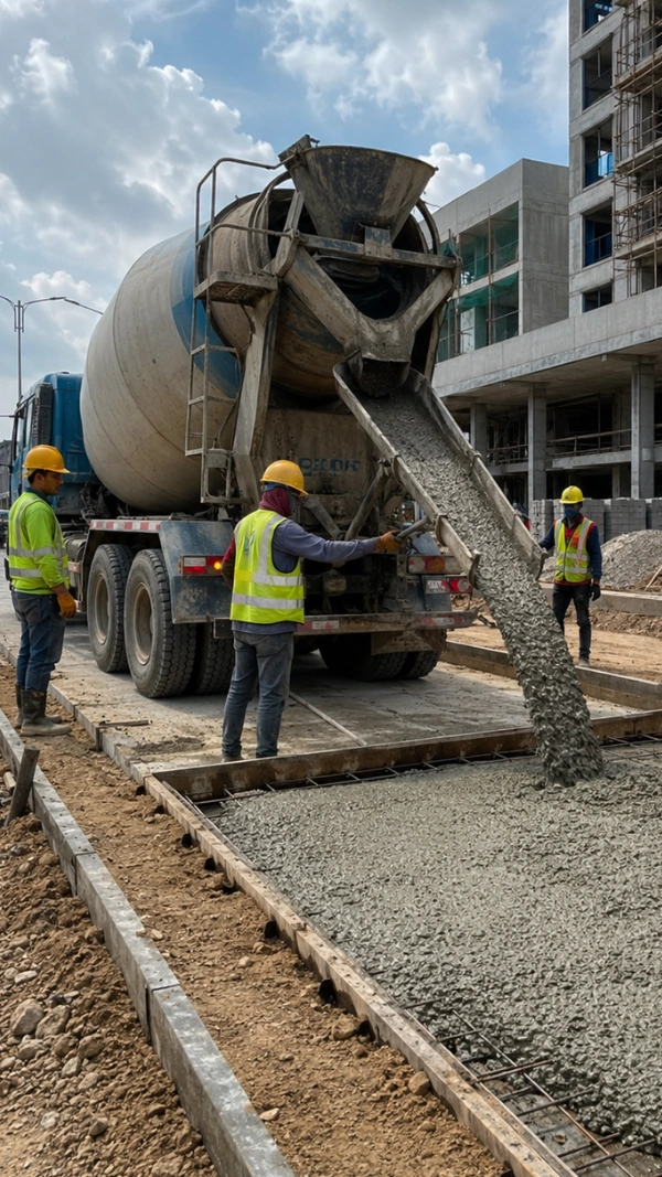 Aplikasi ready mix K300 untuk gedung, jalan beton, area komersial, dan struktur menengah