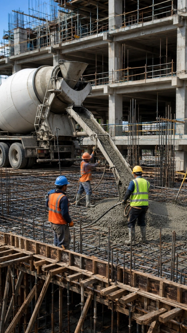 Aplikasi ready mix K350 untuk struktur lebih berat, bangunan bertingkat, dan slab tebal